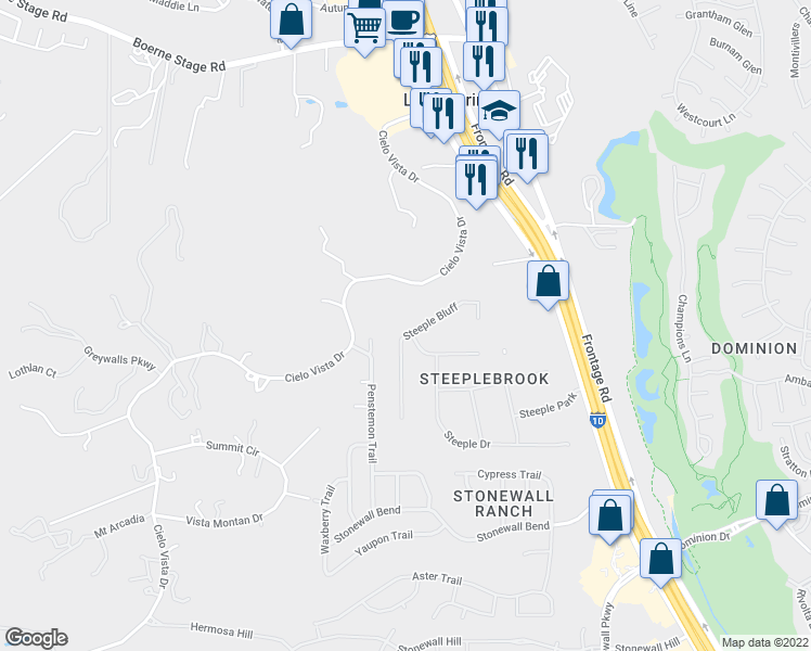 map of restaurants, bars, coffee shops, grocery stores, and more near 22903 Steeple Bluff in San Antonio