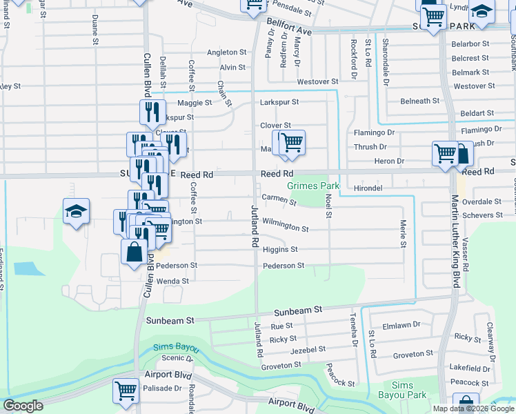 map of restaurants, bars, coffee shops, grocery stores, and more near 4927 Wilmington Street in Houston