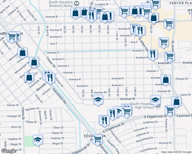 map of restaurants, bars, coffee shops, grocery stores, and more near 801 Avenue K in South Houston