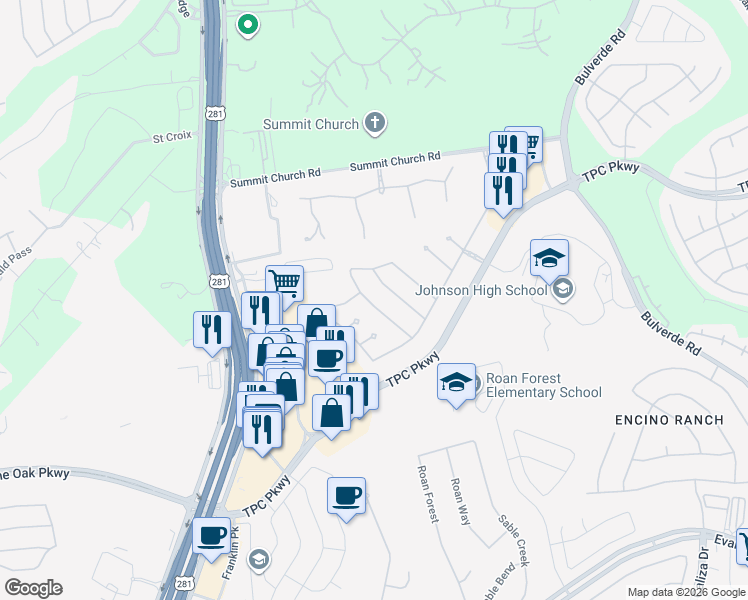 map of restaurants, bars, coffee shops, grocery stores, and more near 2835 Elm Tree Park in San Antonio