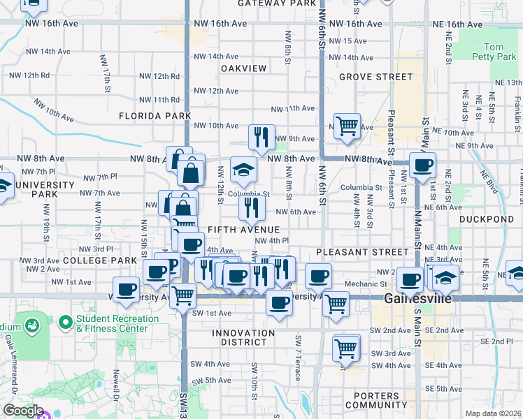 map of restaurants, bars, coffee shops, grocery stores, and more near 606 Northwest 10th Street in Gainesville