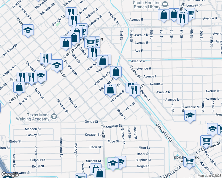 map of restaurants, bars, coffee shops, grocery stores, and more near 603 Wisconsin Street in South Houston