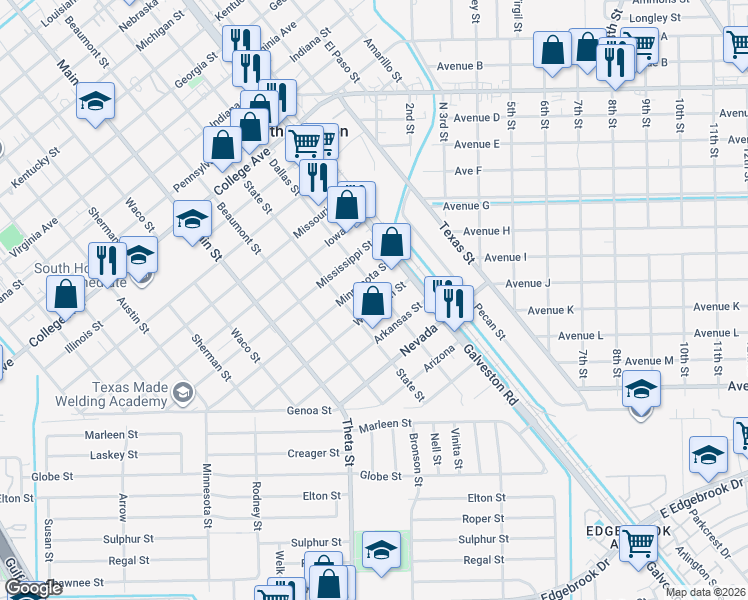 map of restaurants, bars, coffee shops, grocery stores, and more near 603 Wisconsin Street in South Houston
