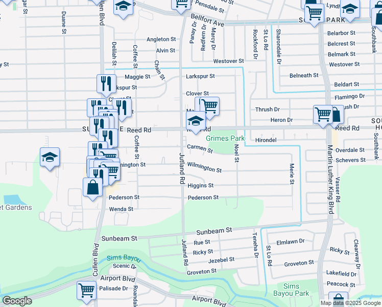map of restaurants, bars, coffee shops, grocery stores, and more near 5036 Carmen Street in Houston