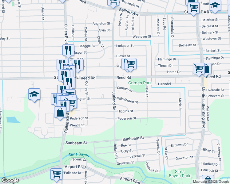 map of restaurants, bars, coffee shops, grocery stores, and more near 4927 Wilmington Street in Houston