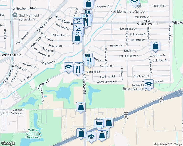 map of restaurants, bars, coffee shops, grocery stores, and more near 4849 Benning Drive in Houston