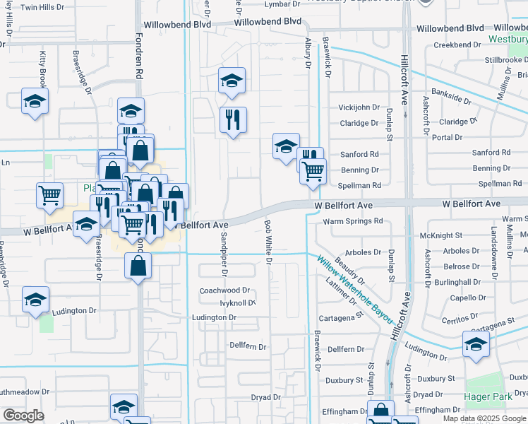 map of restaurants, bars, coffee shops, grocery stores, and more near 6201 West Bellfort Boulevard in Houston