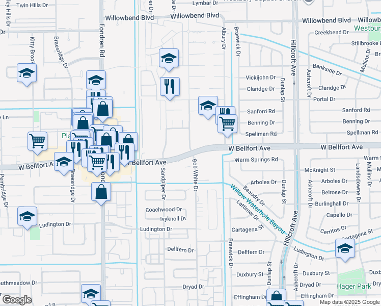 map of restaurants, bars, coffee shops, grocery stores, and more near 6201 West Bellfort Boulevard in Houston