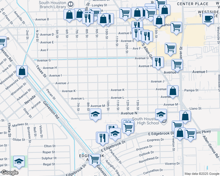 map of restaurants, bars, coffee shops, grocery stores, and more near 1003 Avenue K in South Houston
