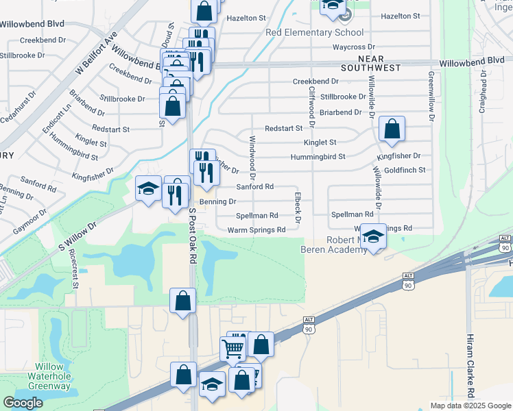 map of restaurants, bars, coffee shops, grocery stores, and more near 4749 Benning Drive in Houston