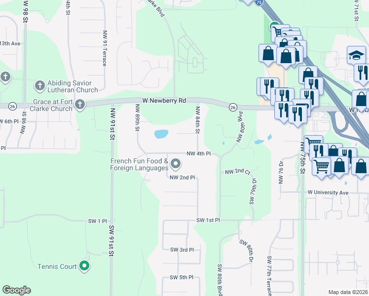 map of restaurants, bars, coffee shops, grocery stores, and more near 8436 Northwest 4 Place in Gainesville