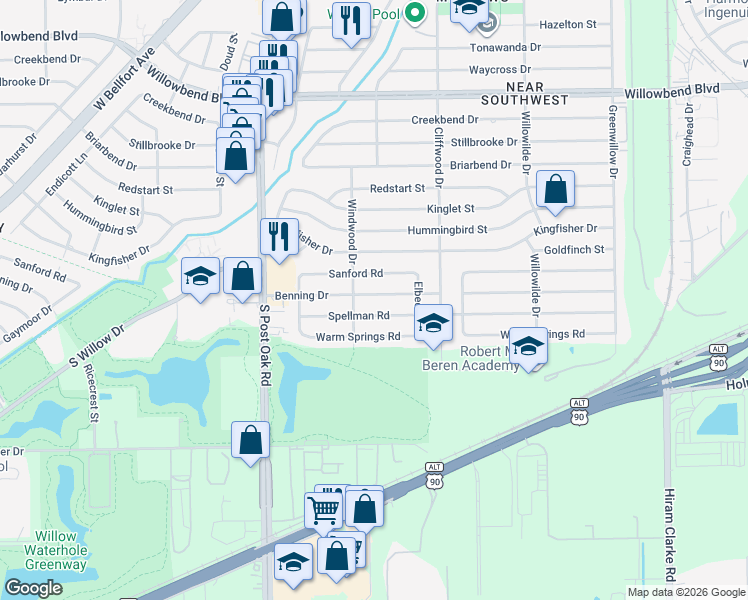 map of restaurants, bars, coffee shops, grocery stores, and more near 4722 Spellman Road in Houston