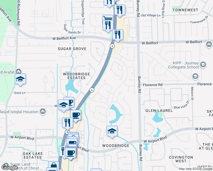 map of restaurants, bars, coffee shops, grocery stores, and more near 14910 Rock Mill Lane in Sugar Land