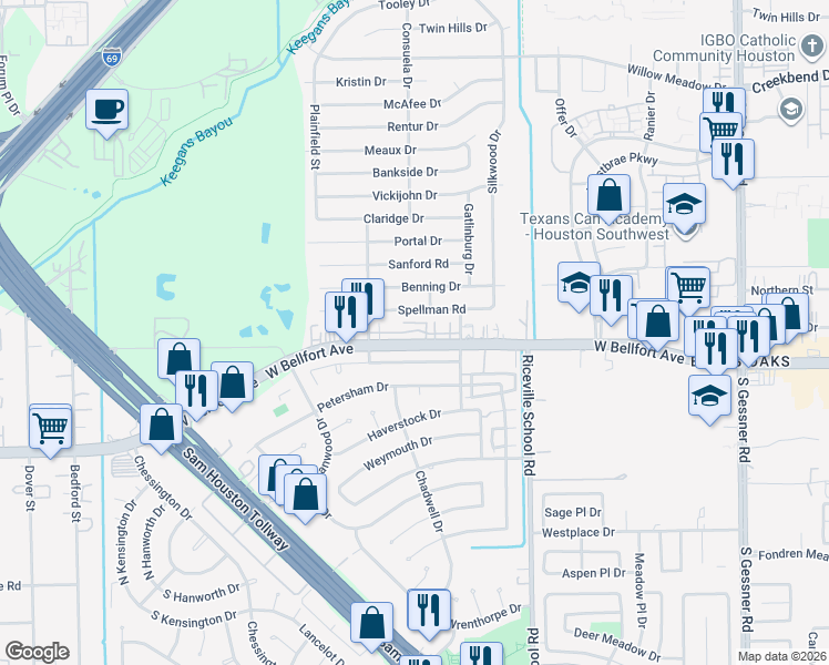 map of restaurants, bars, coffee shops, grocery stores, and more near 9200 West Bellfort Avenue in Houston
