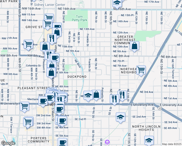 map of restaurants, bars, coffee shops, grocery stores, and more near 603 Northeast 6th Avenue in Gainesville