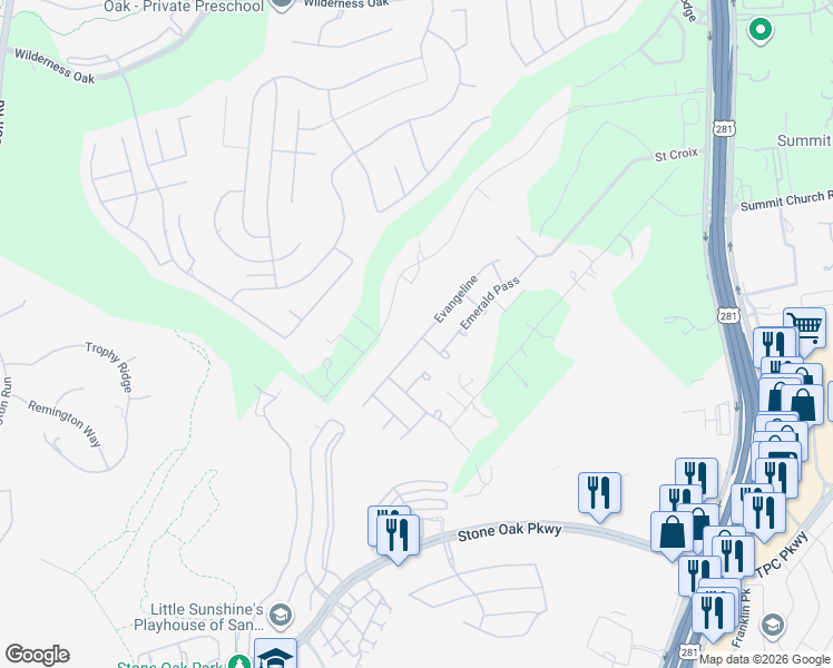 map of restaurants, bars, coffee shops, grocery stores, and more near 1702 Dancing Eagle in San Antonio