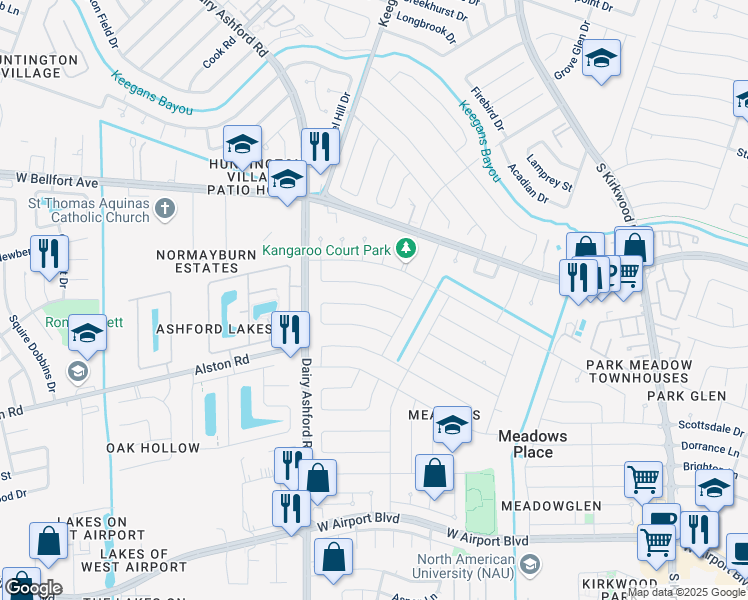 map of restaurants, bars, coffee shops, grocery stores, and more near 12226 Meadowdale Drive in Stafford
