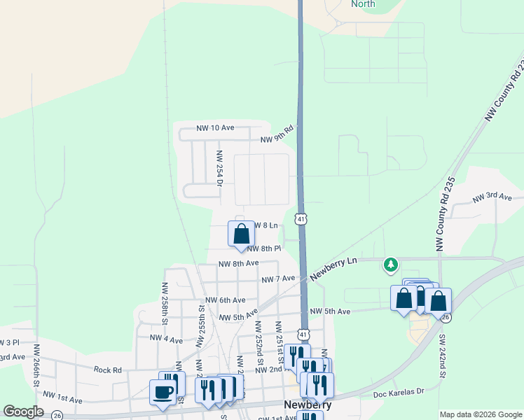 map of restaurants, bars, coffee shops, grocery stores, and more near 25215 Northwest 8th Road in Newberry