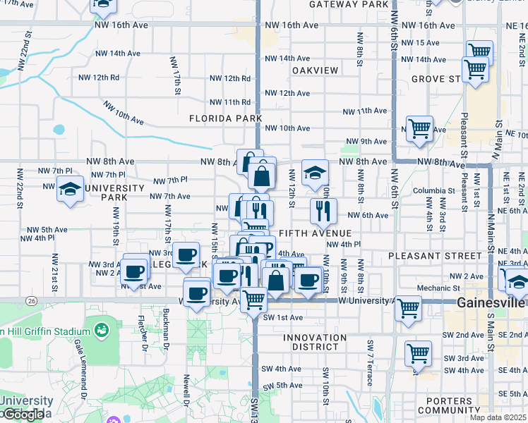 map of restaurants, bars, coffee shops, grocery stores, and more near in Gainesville