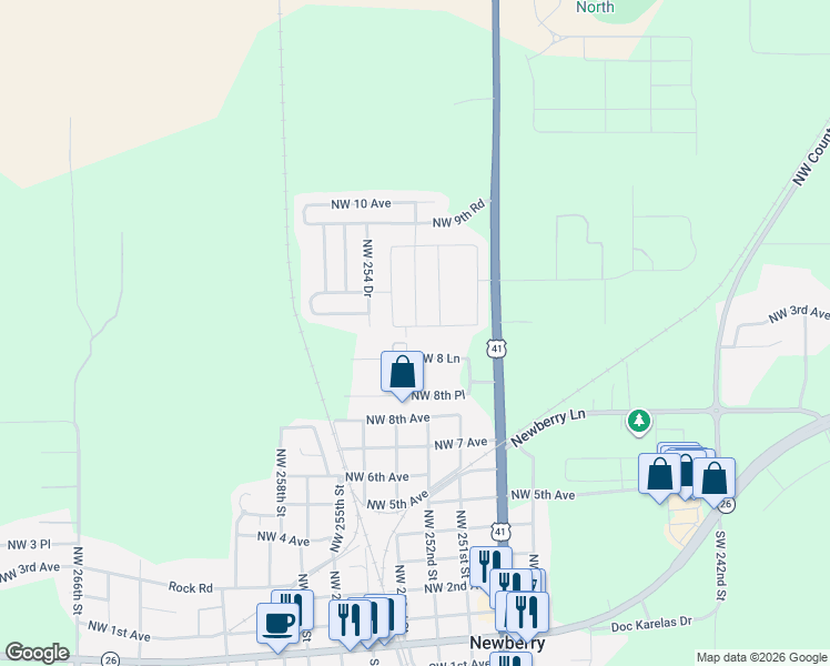 map of restaurants, bars, coffee shops, grocery stores, and more near 25215 Northwest 8th Road in Newberry
