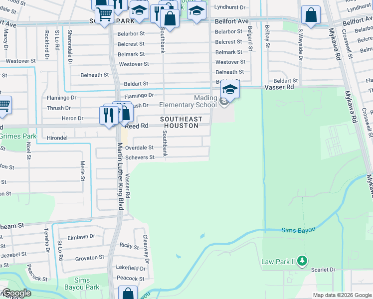 map of restaurants, bars, coffee shops, grocery stores, and more near 5831 Schevers Street in Houston
