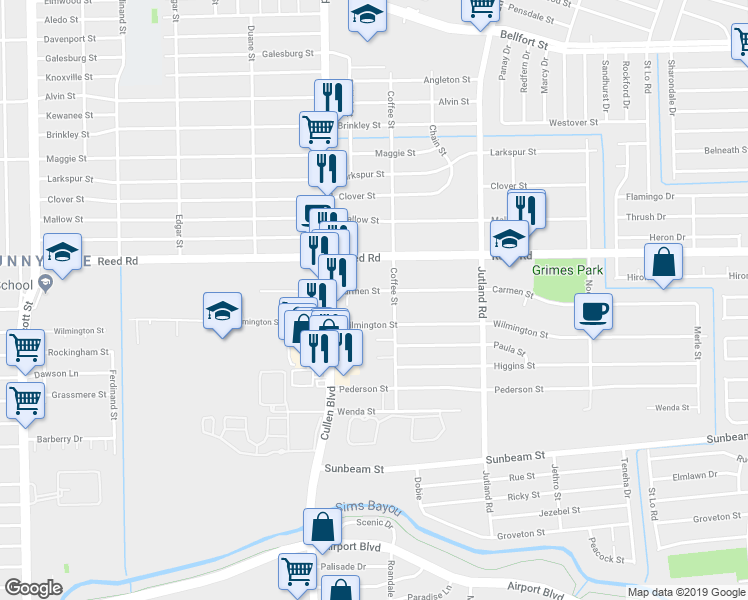 map of restaurants, bars, coffee shops, grocery stores, and more near 4735 Wilmington Street in Houston