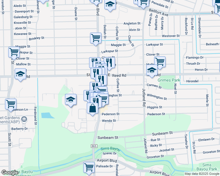 map of restaurants, bars, coffee shops, grocery stores, and more near 4735 Wilmington Street in Houston