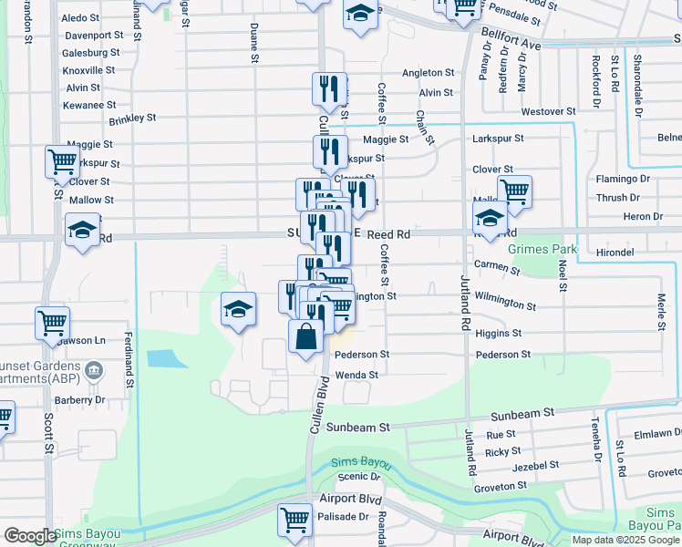 map of restaurants, bars, coffee shops, grocery stores, and more near 9315 Cullen Boulevard in Houston
