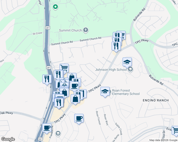 map of restaurants, bars, coffee shops, grocery stores, and more near 2835 Elm Tree Park in San Antonio