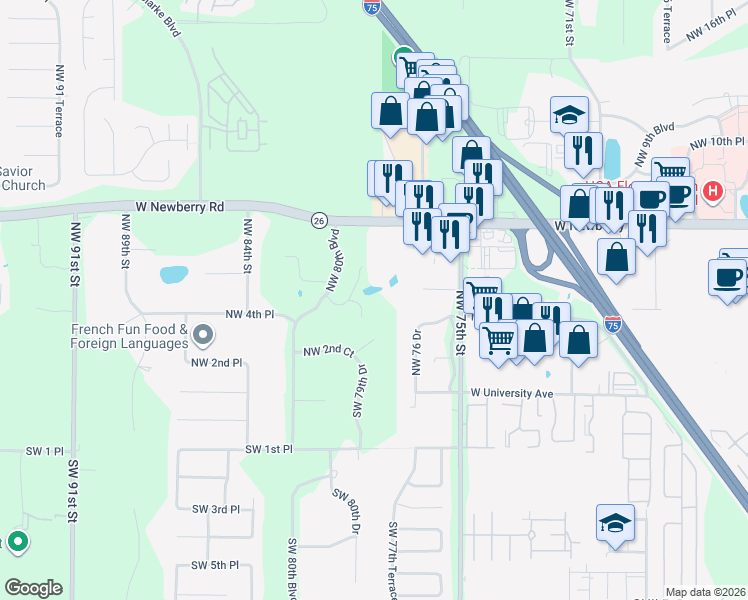 map of restaurants, bars, coffee shops, grocery stores, and more near 425 Northwest 4 Court in Gainesville