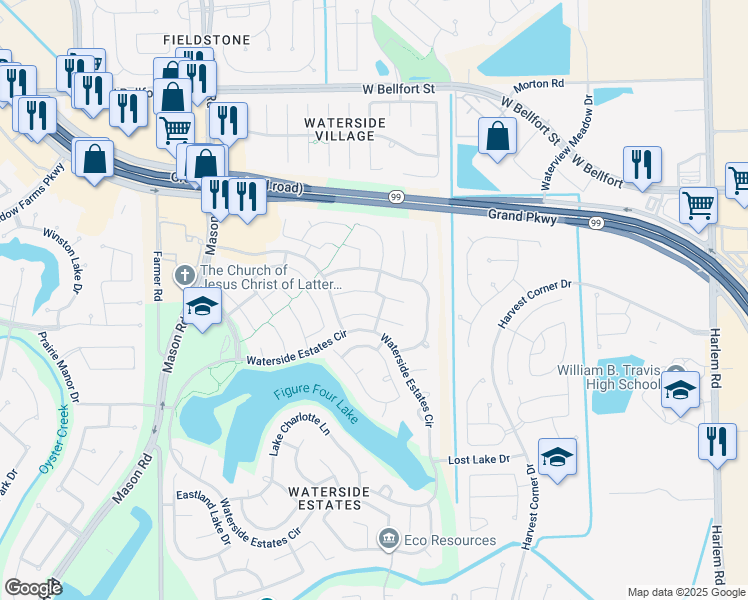 map of restaurants, bars, coffee shops, grocery stores, and more near 1514 Mustang Lake Court in Richmond