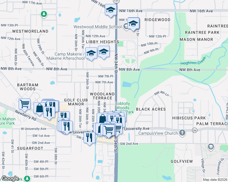 map of restaurants, bars, coffee shops, grocery stores, and more near 610 Northwest 34th Street in Gainesville