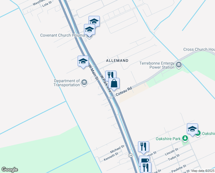 map of restaurants, bars, coffee shops, grocery stores, and more near 5097 West Park Avenue in Houma