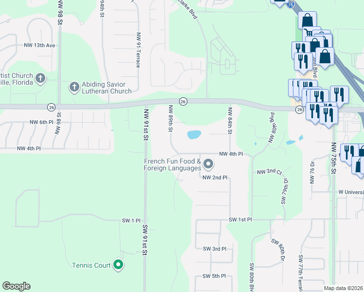 map of restaurants, bars, coffee shops, grocery stores, and more near 8716 Northwest 4 Place in Gainesville