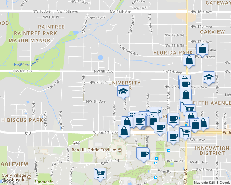 map of restaurants, bars, coffee shops, grocery stores, and more near 1999 Northwest 7th Avenue in Gainesville