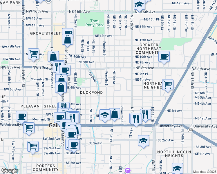 map of restaurants, bars, coffee shops, grocery stores, and more near 605 Northeast 6 Avenue in Gainesville