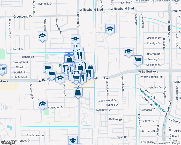 map of restaurants, bars, coffee shops, grocery stores, and more near 6550 West Bellfort Avenue in Houston