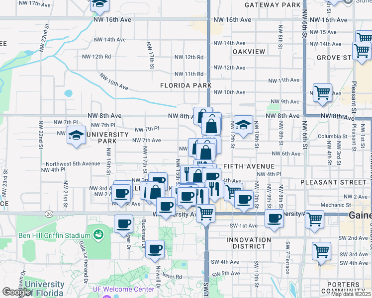 map of restaurants, bars, coffee shops, grocery stores, and more near 1408 Northwest 6th Avenue in Gainesville
