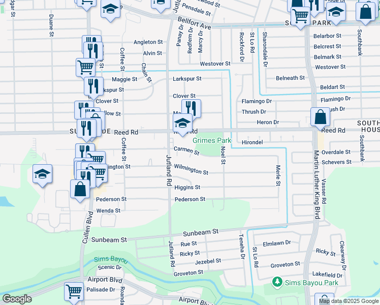 map of restaurants, bars, coffee shops, grocery stores, and more near 5036 Carmen Street in Houston