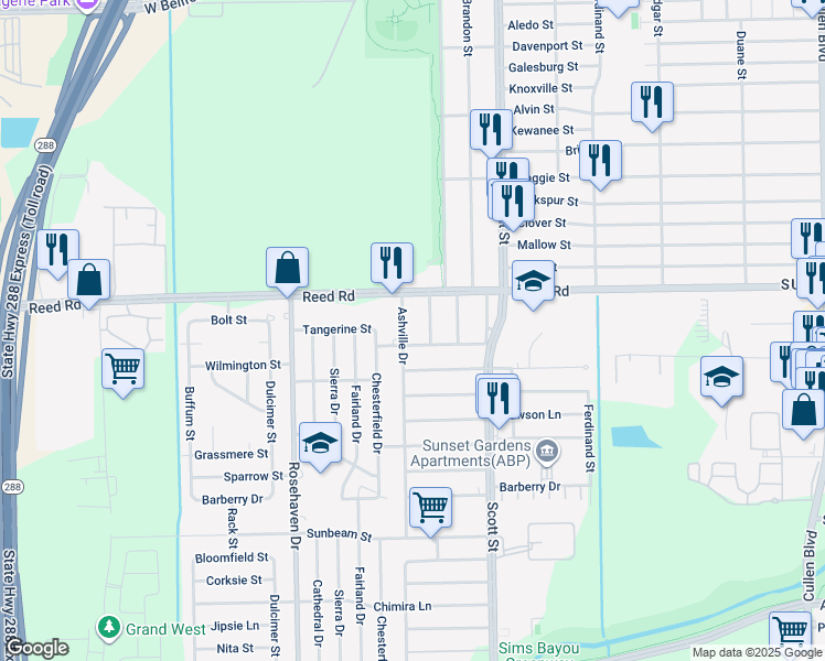 map of restaurants, bars, coffee shops, grocery stores, and more near 3511 Tangerine Street in Houston