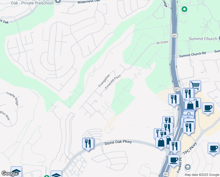 map of restaurants, bars, coffee shops, grocery stores, and more near 1918 Eagle Mountain in San Antonio