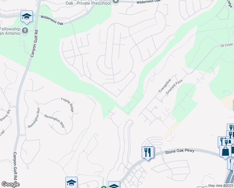 map of restaurants, bars, coffee shops, grocery stores, and more near 23007 Fairway Bridge in San Antonio