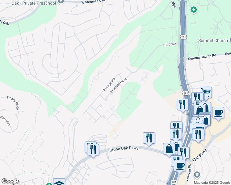 map of restaurants, bars, coffee shops, grocery stores, and more near 1918 Eagle Mountain in San Antonio