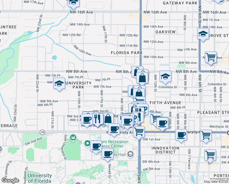 map of restaurants, bars, coffee shops, grocery stores, and more near 1523 Northwest 6th Avenue in Gainesville