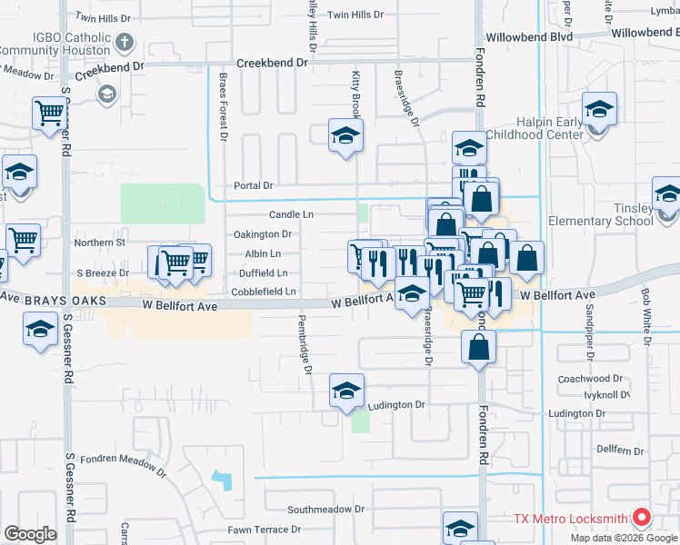 map of restaurants, bars, coffee shops, grocery stores, and more near 7850 West Bellfort Avenue in Houston