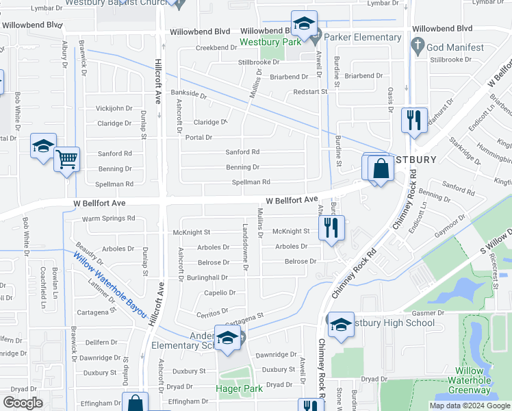 map of restaurants, bars, coffee shops, grocery stores, and more near 5631 West Bellfort Boulevard in Houston