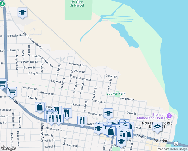 map of restaurants, bars, coffee shops, grocery stores, and more near 1306 Washington Street in Palatka