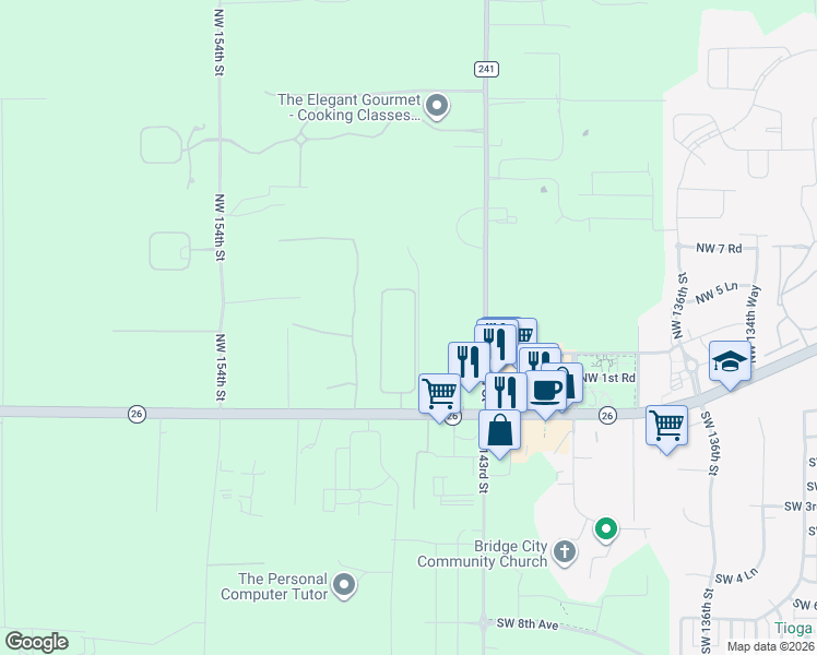 map of restaurants, bars, coffee shops, grocery stores, and more near 370 Northwest 146 Drive in Newberry