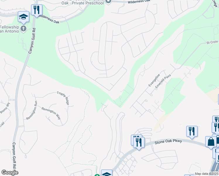map of restaurants, bars, coffee shops, grocery stores, and more near 23007 Fairway Bridge in San Antonio
