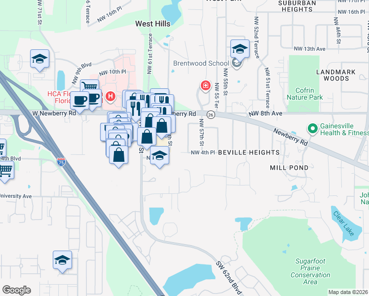 map of restaurants, bars, coffee shops, grocery stores, and more near 5815 Northwest 4 Place in Gainesville